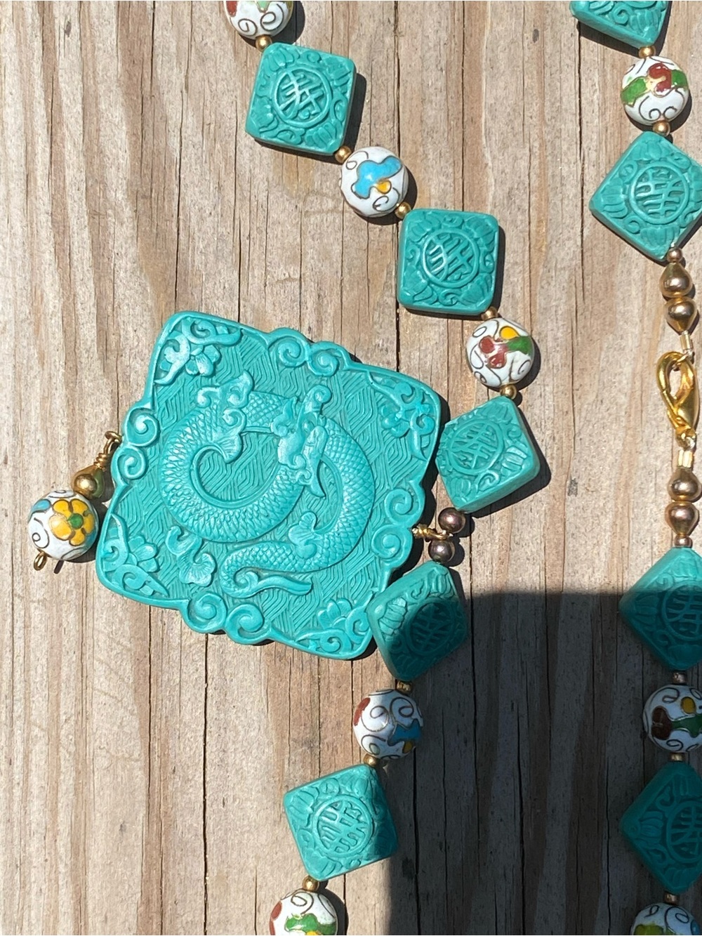 Handcrafted Carved Turquoise f Cinnabar Dragon Pendant, Shou, Cloisonné Necklace - Picture 9 of 15